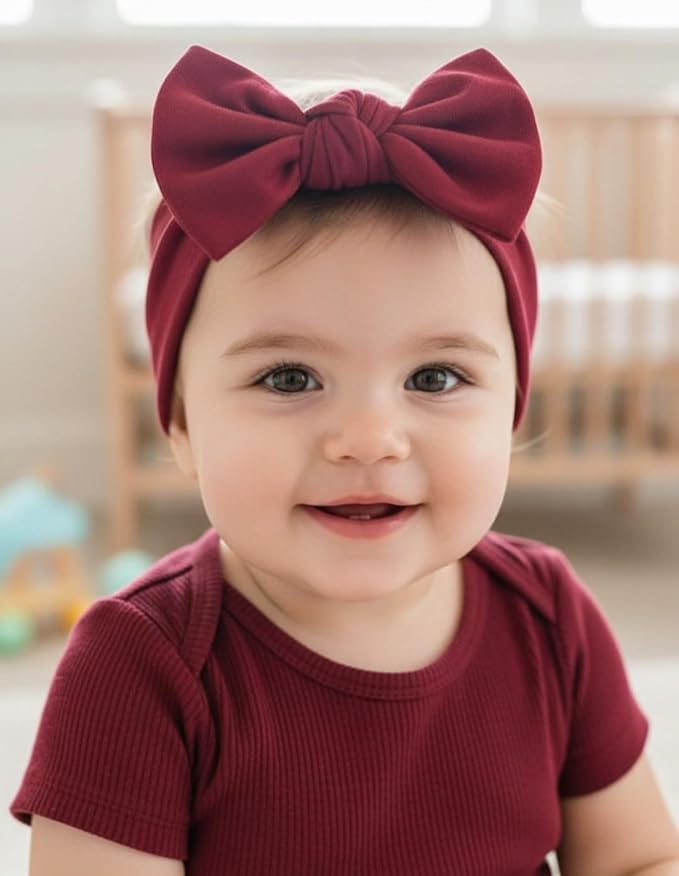 Baby Girl Headbands 0–6 Months – Newborn Infant Soft Cotton Handmade Bow Headband, Stretchy No Mark Baby Hair Accessories (Burgundy, 0-6 Month)