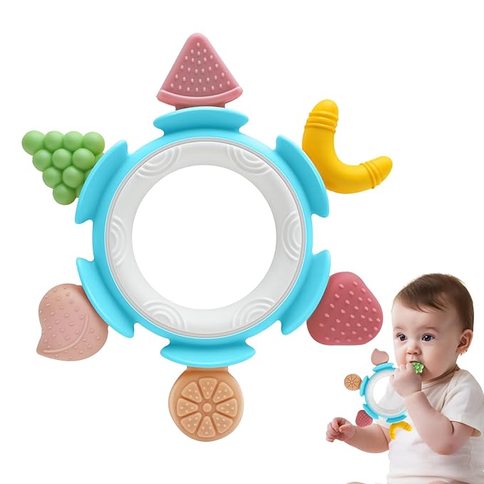 Baby Teething Ring Toy for 3-6-12 Months, Silicone Infant Teether for Sore Gum Relief, Soothing Sensory Chew Toy, Ideal Newborn Gift for Boys Girls Baby Shower, Birthday or Easter, Blue