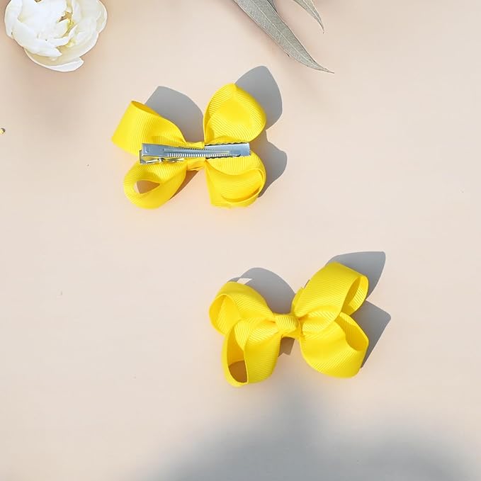 3' Hair Bows Clips for Girls & Toddlers - 6 PCS Alligator Clips Grosgrain Ribbon Solid Color Hair Accessories - Yellow
