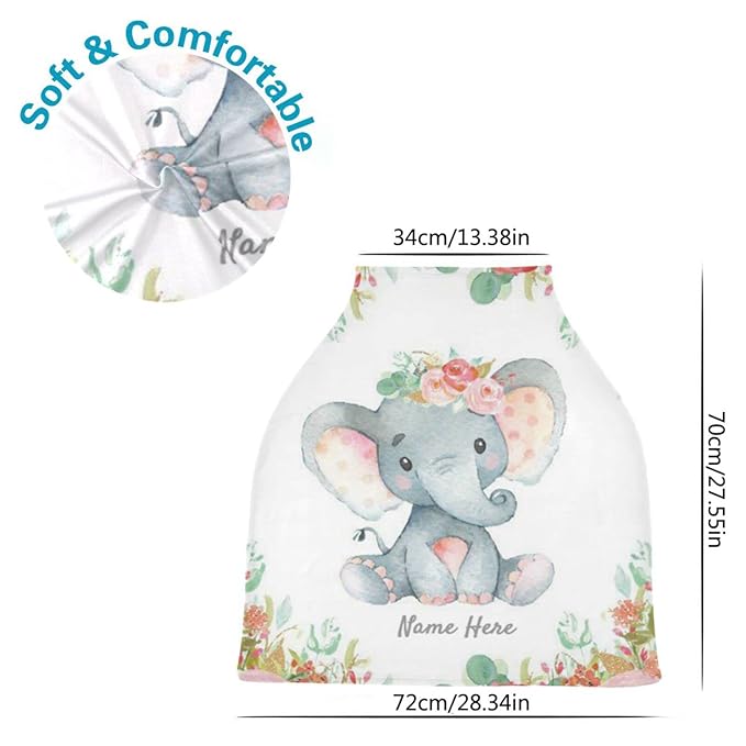 Custom Baby Car Seat Cover with Name & Date, Personalized Cute Elephant Nursing Covers Breastfeeding Scarf, Infant Carseat Canopy, Gift for Mom Baby Newborn