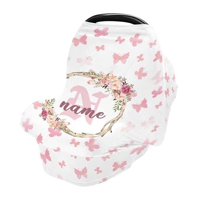 Personalized Butterfly Pattern Baby Car Seat Covers for Girls, Customized Carseat Cover with Name, Infant Stroller Canopy Carrier Cover, Nursing Cover Breastfeeding Scarf for Newborn Babies