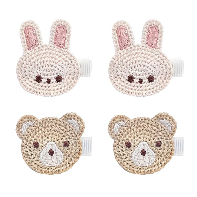 Cute Baby Girl Hair Clips Set Pink Animal Designs Cotton Crochet Clips Rabbit Bear Bow Bobby Pins for Infants & Toddlers (Rabbit and bear)