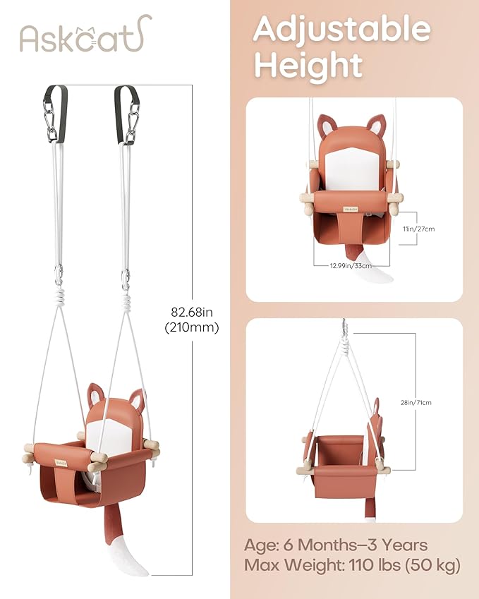 Wooden Baby Swing with Soft Safety Belt, Cozy Infant Swing Seat for Indoor & Outdoor Use, Adjustable Height, Includes Mounting Hardware – Suitable for Babies & Toddlers（Fox-Themed in Red）