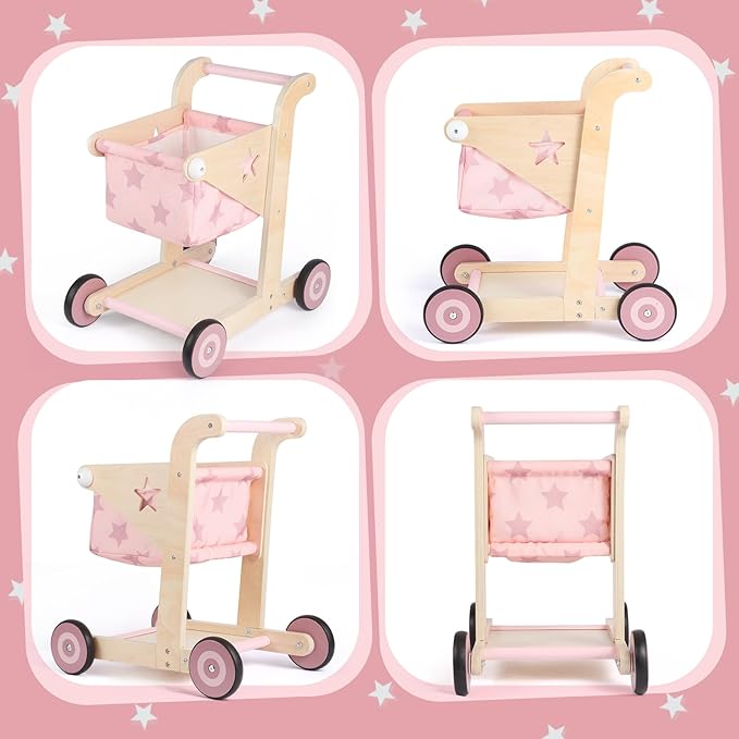 Asweets 2 in 1 Wooden Baby Walker Push and Pull Doll Stroller, Shopping Cart Learning Walker for Boys and Girls, Sit Stand Learning Toddler Toy (Pink)