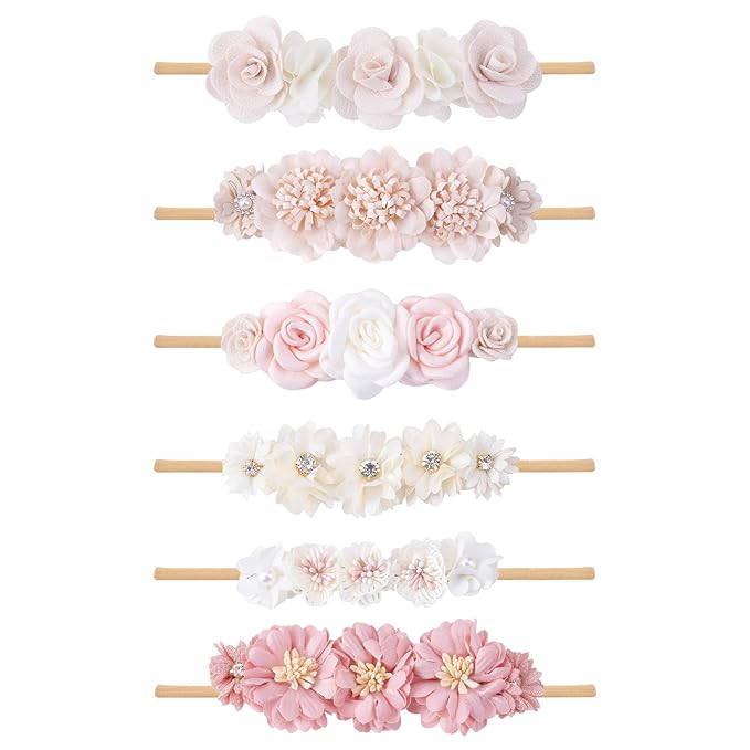 OOSAKU Baby Girl Flower Headbands Set Elastic Floral Headbands 6pcs Soft Nylon Hair Band for Newborn Toddler Hair Accessories
