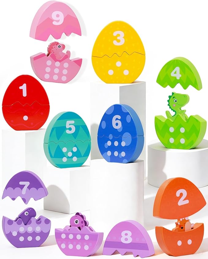 Toddlers Learning Toys Wooden Number Counting Montessori Educational Toys Matching Eggs Dinosaur Toys Sorting Fine Motor Games Christmas Birthday Easter Gift for Kids Boys Girls Ages 3+