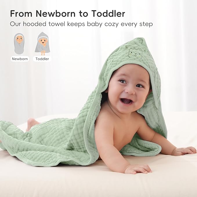 PHF 100% Muslin Cotton Baby Hooded Towels, 2 Pack Bath Towel with Hood for Newborn, Infant, Toddler, Ultra Soft and Absorbent Baby Bath Essentials, Shower Gifts for Boys Girls, 32x32Inch, Leaf