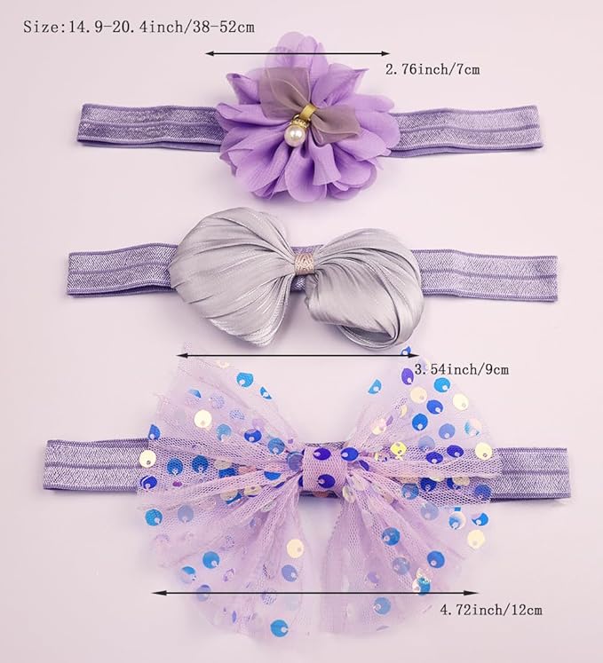3pcs Baby Girl Bows Headband Chiffon Flower Hairband for Newborn Infant Toddler Soft Elastic Hair Bow Accessories for Baby Birthday Party (Purple, Standard size)