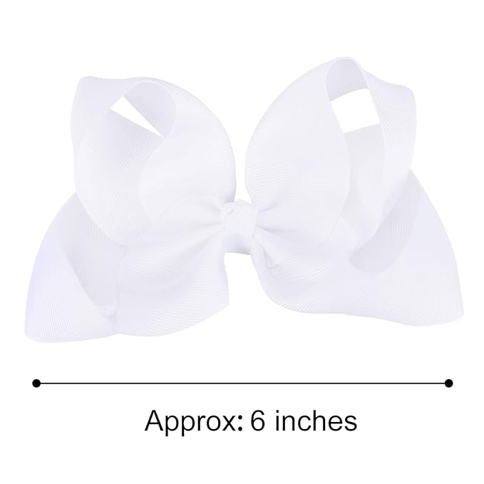 DEEKA 2 PCS 6" Big Hand-made Grosgrain Ribbon Solid Color Hair Bows Alligator Clips Hair Accessories for Little Teen Toddler Girls Kids Set of 2 -White