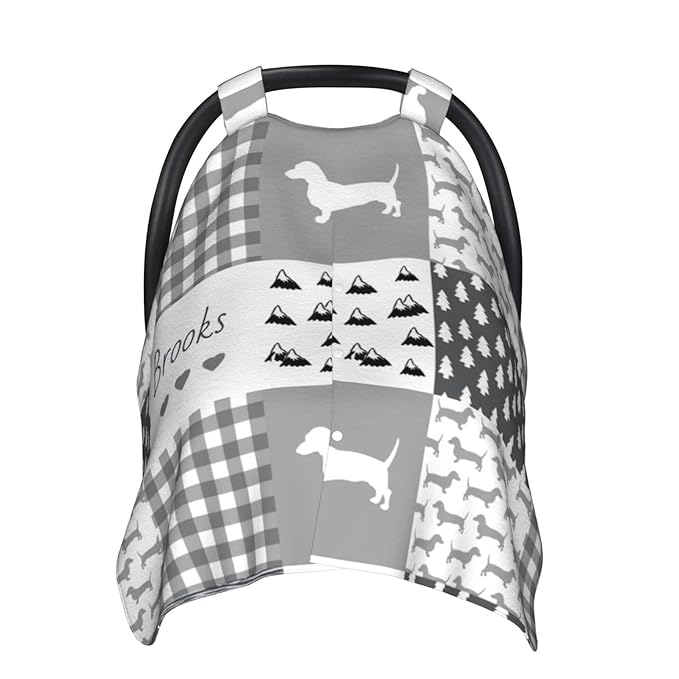 Personalized Cute Dog Plaid Baby Infant Car Seats Canopy for Babies with Name, Custom Multi-use Blankets for Baby Boys Girls, Peekaboo Minky Nursing Breastfeeding Stroller Cover Canopies for Newborn