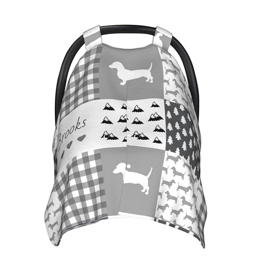 Personalized Cute Dog Plaid Baby Infant Car Seats Canopy for Babies with Name, Custom Multi-use Blankets for Baby Boys Girls, Peekaboo Minky Nursing Breastfeeding Stroller Cover Canopies for Newborn