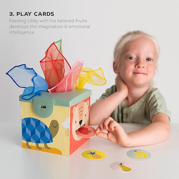 Taf Toys Sensory Baby Tissue Box, Object Permanence Box, Imaginary Play for Infants & Toddlers, Montessori Square Sensory Toys Colorful Pull Scarves, Play Balls & Cards Educational Preschool Learning