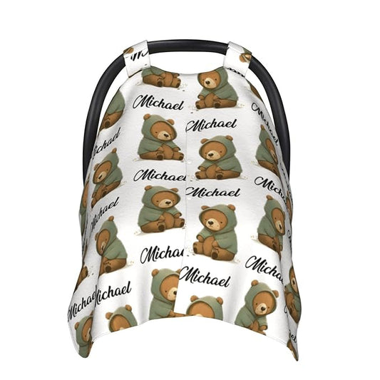 Personalized Baby Car Seat Canopy for Babies with Name, Custom Car Seat Covers for Boys Girls, Infant Opening Minky Nursing Breastfeeding Stroller Cover Carseat Canopies for Newborn (Cute Bear)