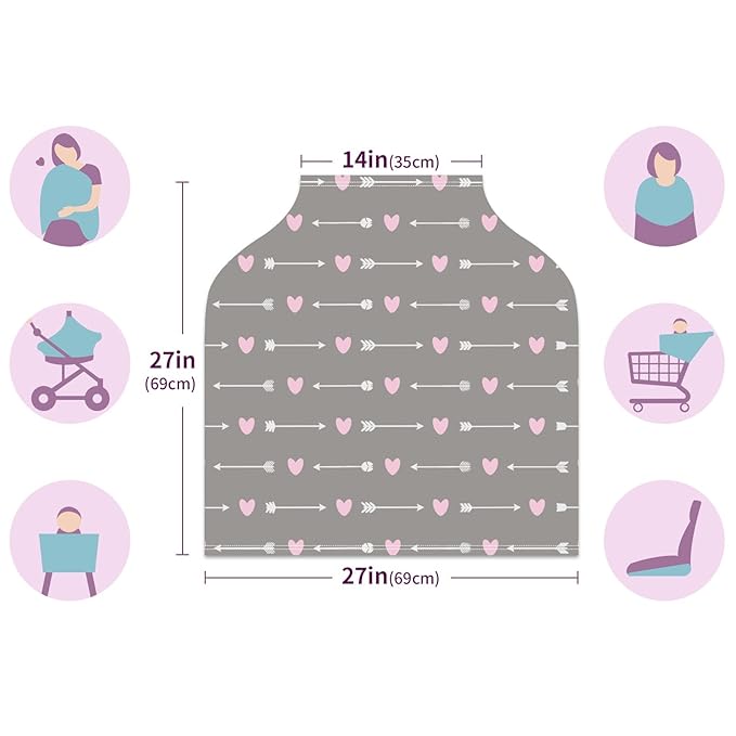 Baby Car Seat Stroller Covers White Arrows Pink Heart Grey Nursing Cover Breastfeeding Scarf Soft Breathable Stretchy Coverage Carseat Canopy Cover for Boys and Girls Soft Breathable Multi Use