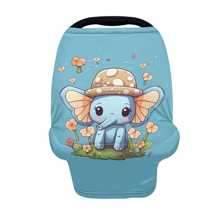 HUIACONG Elephant Baby Car Seat Cover for Baby Stretchy Infant Carseat Cover Mushroom Floral Nursing Breastfeeding Cover for Boys Girls Car Seat Canopies Scarf Multi-use Stroller High Chair Cover Blue