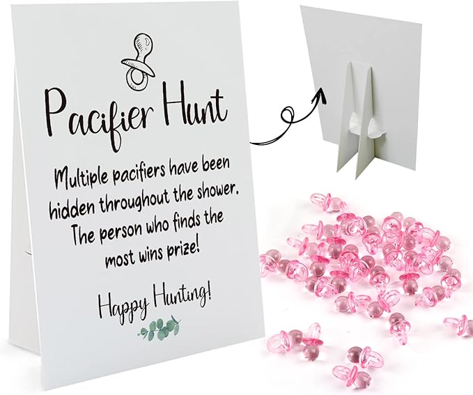 Baby Pacifier Hunt Baby Shower Games, Gender Reveal Game, 8×10 Sign and 50 Mini Acrylic Pacifier, Favorite Adults Kids Games for Baby Shower Activities, Gender Neutral Boy and Girl BPH01