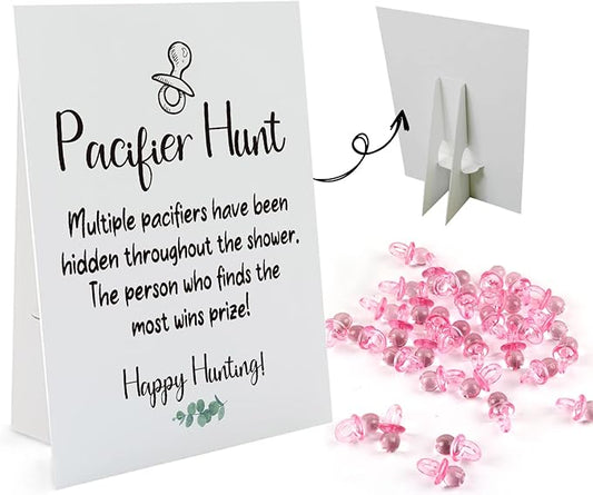 Baby Pacifier Hunt Baby Shower Games, Gender Reveal Game, 8×10 Sign and 50 Mini Acrylic Pacifier, Favorite Adults Kids Games for Baby Shower Activities, Gender Neutral Boy and Girl BPH01