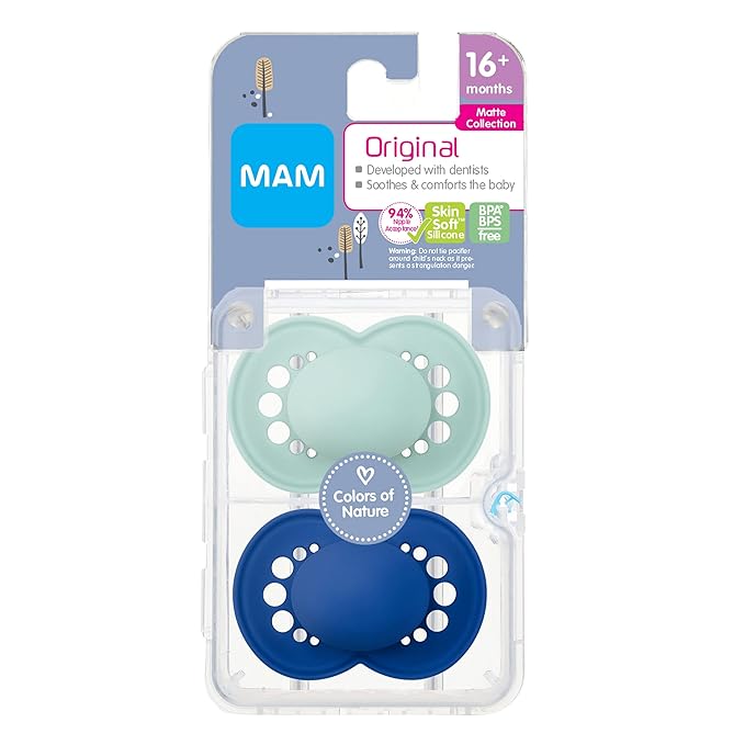 MAM Matte Original Pacifier 2 Pack, Silicone Nipple Promotes Oral Development, Self-Sterilizing Case, Boy & Unisex, 16+ Months