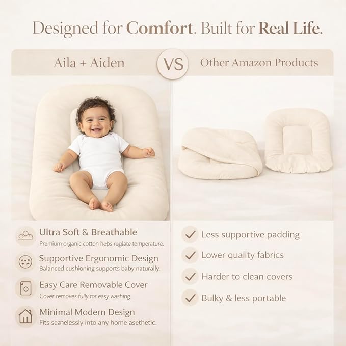 Aila + Aiden Baby Lounger | Organic Cotton Infant Lounger | Adjustable & Portable Floor Lounger |Supervised Use | Soft, Breathable, Washable Cover - Snuggle Collection - (Cream)