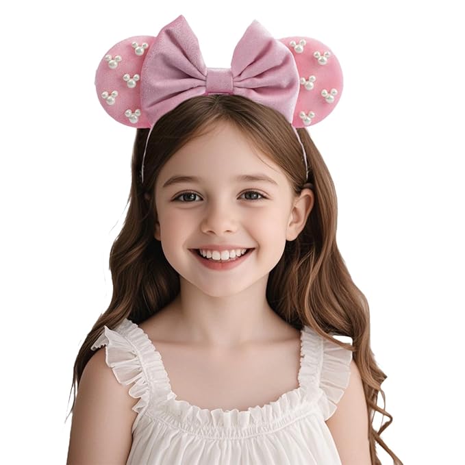JIAHANG Mouse Ear Hair Bow Headband with Beadings, Adjustable Velvet Hair Bow Hair Band, Fashion Headwear for Newborn Toddlers, Kids