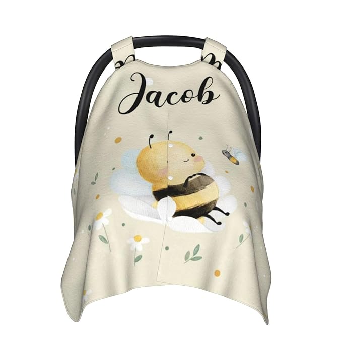 Custom Baby Car Seat Canopy with Name, Personalized Stroller Baby Car Seat Covers for Boys Girls, Minky Nursing Carseat Cover for Breastfeeding, Car Seat Canopies for Infant Newborn(Cute Bee)