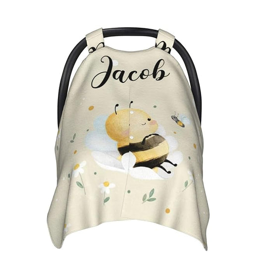 Custom Baby Car Seat Canopy with Name, Personalized Stroller Baby Car Seat Covers for Boys Girls, Minky Nursing Carseat Cover for Breastfeeding, Car Seat Canopies for Infant Newborn(Cute Bee)