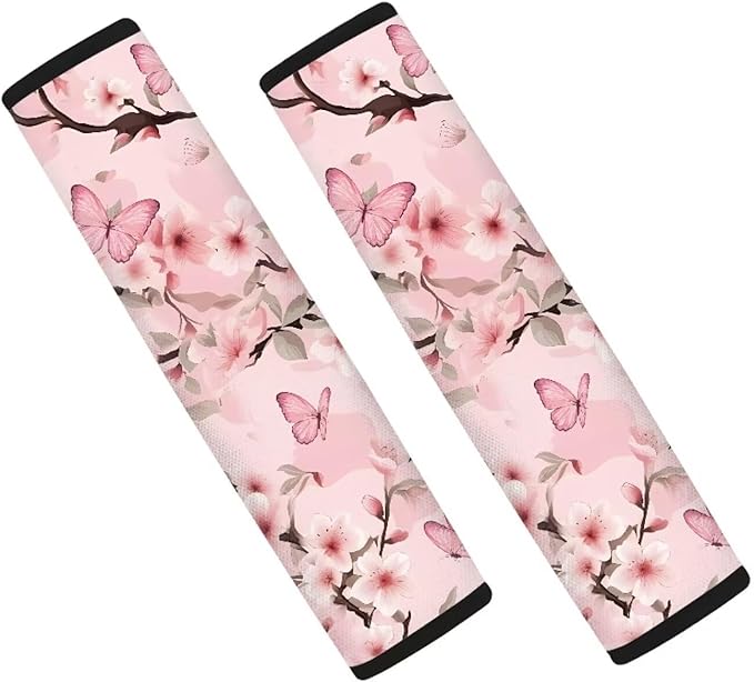AFPANQZ 2 Pack Car Seat Belt Covers for Women Pink Butterfly Flower Car Safety Seatbelt Pad Cushion Adjustable Universal for Most Car Laptop Backpack Luggage Bag Straps Pads