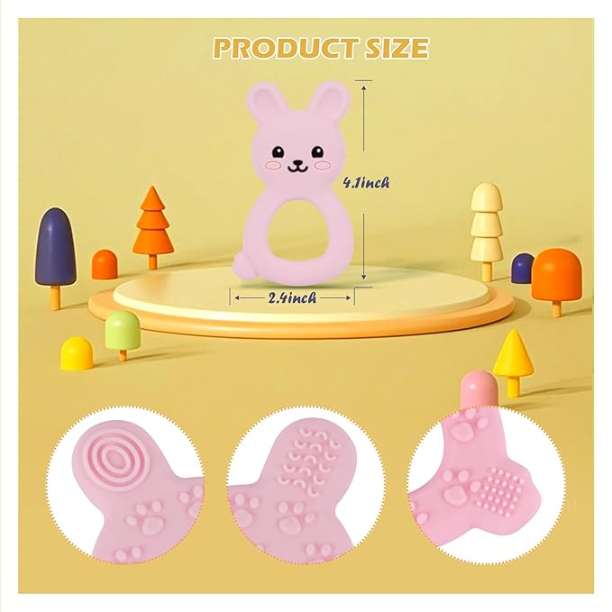 Baby Bunny Teether, Food-Grade Silicone Toy for Infants 3–12 Months, Easy-Grip Chew Toy with Textured Ears for Sensory Exploration, Freezable & Dishwasher Safe (Pink)