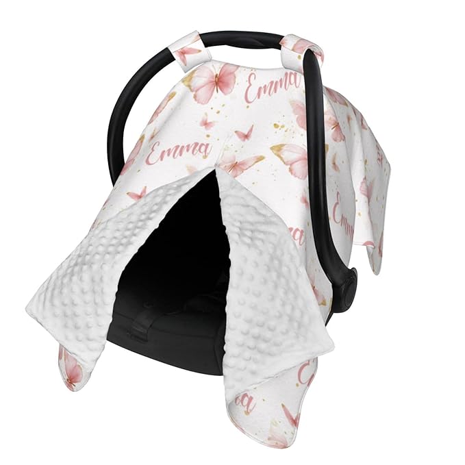 Personalized Pink Butterfly Baby Car Seat Canopy for Girls – Custom Name Minky Nursing Cover, Infant Carseat Canopy, Opening Breastfeeding Stroller Cover for Newborn Baby Gift