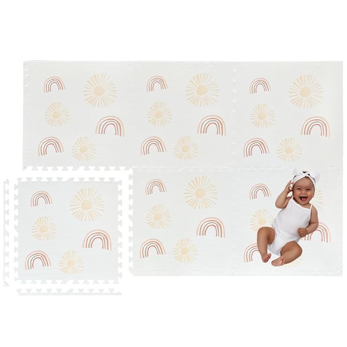 Play Mat for Baby, Toddler and Infants, Six Interlocking Tiles Made with Soft Non-Toxic EVA Foam, 4x6 feet (Sunshine & Rainbows (Cloud White))
