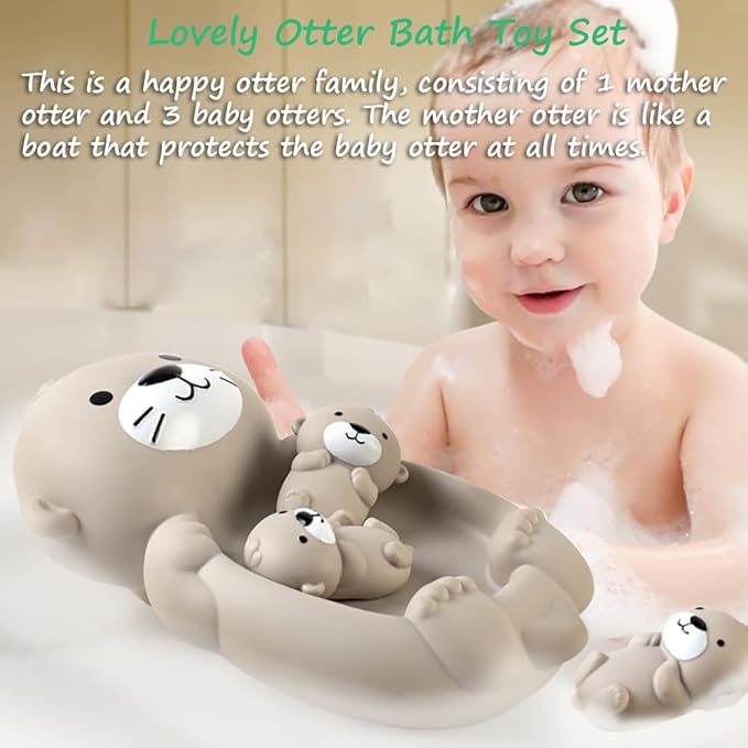 Miracland Otter Bath Toy Set - Mother and 3 Baby Otters, Lovely Family Tub Toy, Parent-Child Floating Water Toy, Soft Squeeze Bathtub Toy for Babies