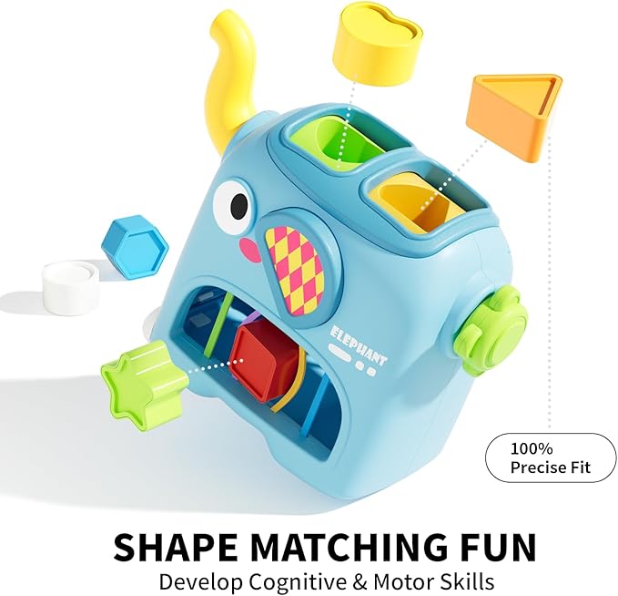 SOCBTNSO Elephant Interactive Shape Sorter Toys for 18 Months+, Montessori Matching & Sorting Toys with 6 Sensory Shape Blocks, Developmental Infant Birthday Gifts for Learning Toddler