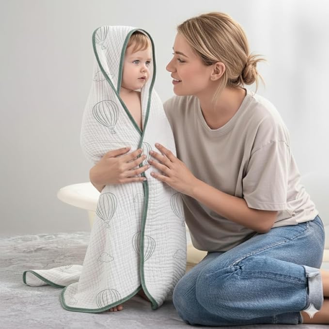 Muslin Hooded Baby Towels for Newborns, 32"x32", 100% Cotton – 6 Layers Super Soft Absorbent Breathable, Baby Bath Towel, Toddler Bath Towel – Pack of 2