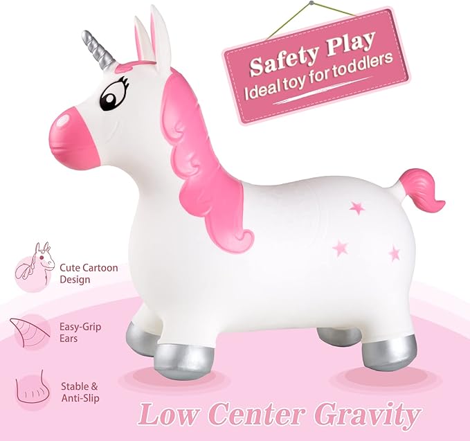 INPANY Pink Bouncy Unicorn Hopper, Horse Hopper, Bouncy Inflatable Animal Ride-on Toy for Children, Boys and Girls, Toddlers (Pump Included)