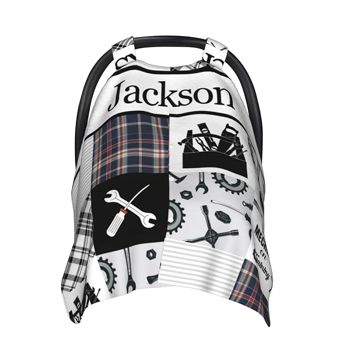 Personalized Baby Car Seat Canopy for Babies, Custom Name Car Seat Covers for Baby Boy, Opening Minky Nursing Breastfeeding Cover for Infant, Carseat Canopies for Newborn (Mechanic)