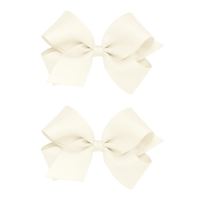 Wee Ones Girls 2 Pack Grosgrain Hair Bows with Plain Wrap Centre on a Wee Stay No Slip Clip, Medium, Antique White