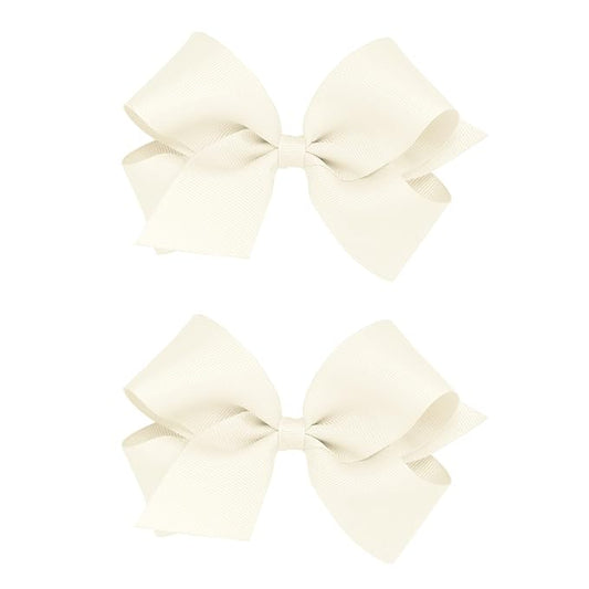 Wee Ones Girls 2 Pack Grosgrain Hair Bows with Plain Wrap Centre on a Wee Stay No Slip Clip, Medium, Antique White