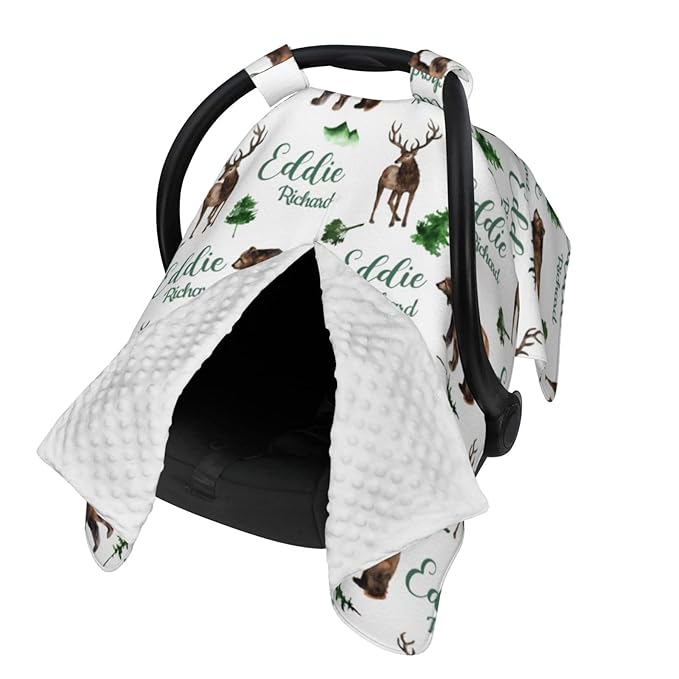 Personalized Baby Car Seat Canopy for Babies, Custom Name Woodland Deer Bear Baby Car Seat Covers for Boys Girls, Opening Minky Nursing Breastfeeding Cover for Infant, Carseat Canopies for Newborn
