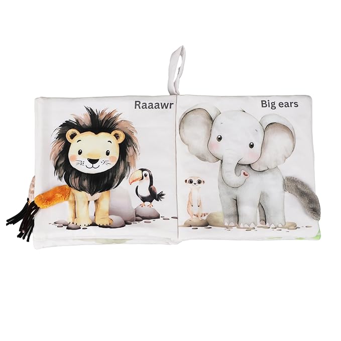 Ali+Oli Baby Cloth Book – Soft Sensory Crinkle Book with Textured Tails for Infants 0-12 Months – Early Learning Touch & Feel Tummy Time Toy – Newborn Shower Gift - Safari Friends