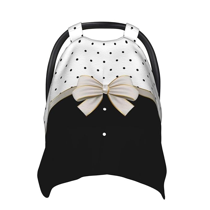 Black White Polka Dot Bow Car Seat Canopy Cover, Universal Fit for Infant Car Seats，Breathable,Multi-Use Nursing Cover, Gift Ready