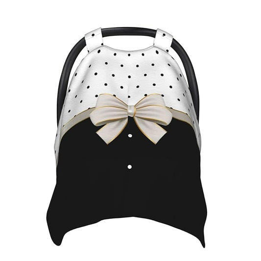 Black White Polka Dot Bow Car Seat Canopy Cover, Universal Fit for Infant Car Seats，Breathable,Multi-Use Nursing Cover, Gift Ready