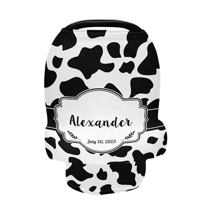 Personalized Baby Car Seat Cover for Babies, Custom Name Baby Car Seats Canopy for Boys Girls, Nursing Breastfeeding Stroller Covers for Infant Newborn, Shower Gift for Baby (Cow Stripes Black)
