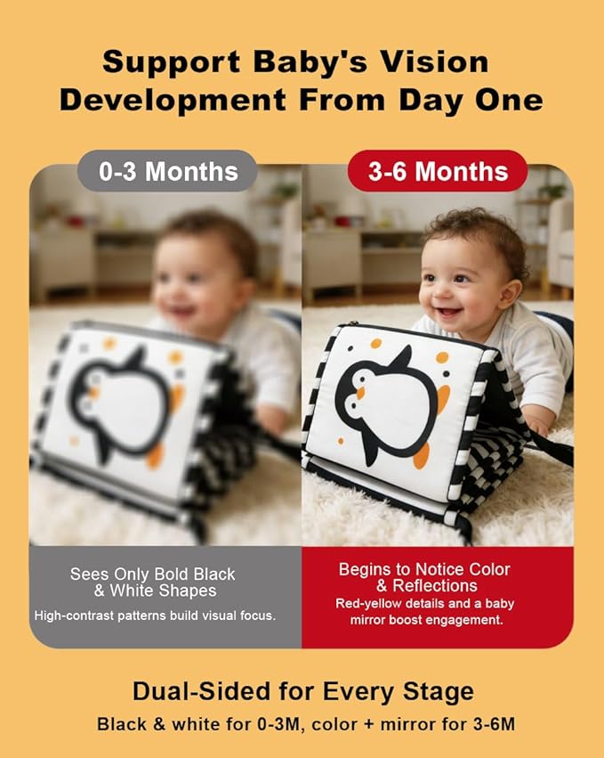 Aila+Aiden Baby Toys, Tummy Time High Contrast Newborn Toys 0-3 Months, Soft Baby Book, Visual Stimulation Montessori Sensory Infant Baby Book (Black White and Colorful)