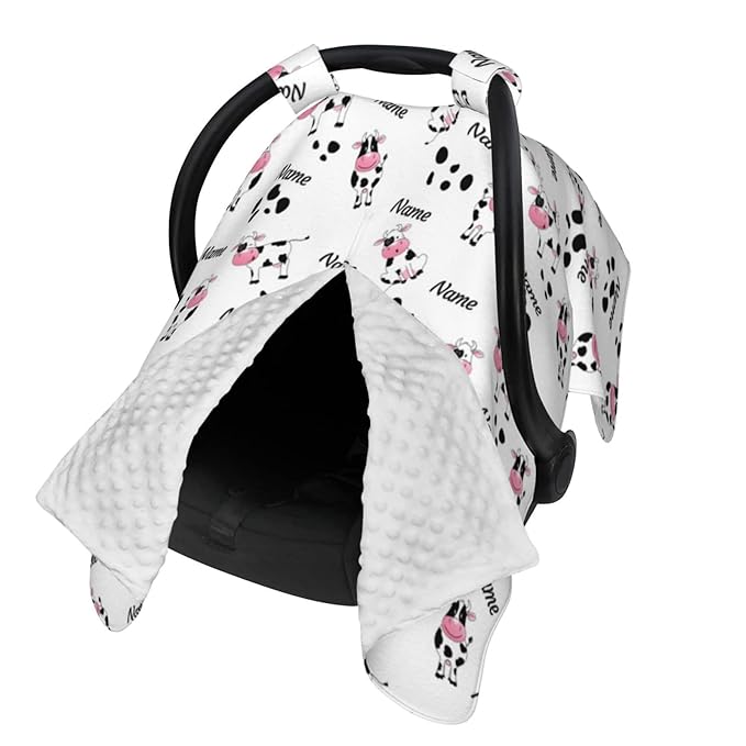 Personalized Cute Cow Baby Infant Car Seats Canopy for Babies with Name, Custom Multi-use Blankets for Baby Boys Girls, Peekaboo Minky Nursing Breastfeeding Stroller Cover Canopies for Newborn