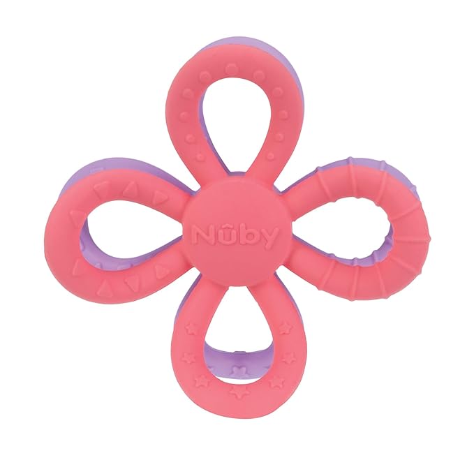 Nuby Fun Loops Teether - Flower-Shaped Infant Teething Toy for Babies - 3+ Months - Pink and Purple - Easter Basket Stuffer