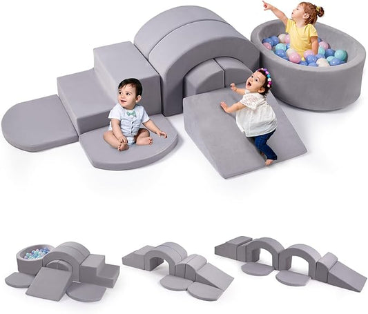 Rinnebbit 9-Piece Foam Climbing Blocks for Toddlers, Baby Climb and Crawl Soft Play Set with Ball Pit, Machine Washable Cover, Indoor Activity Play Structure, Climbing Toys for Toddlers 1-3 (Gray)