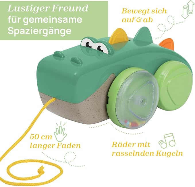 Chicco, Crocodile Pull Along Eco+, Pull Along Toy, 50 cm Long Rope, Wheels with Balls, Tumbling Movement, Recycled Plastic, Made in Italy, Children's Toy from 12-36 Months