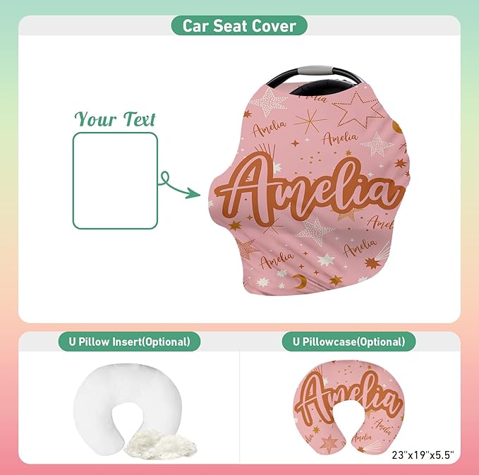 Personalised Car Seat Cover for Babies - Multi-use Pink Carseat Canopy Cover with Name, Car Seat Covers, Christmas Birthday Gifts for Infant Boys and Girls