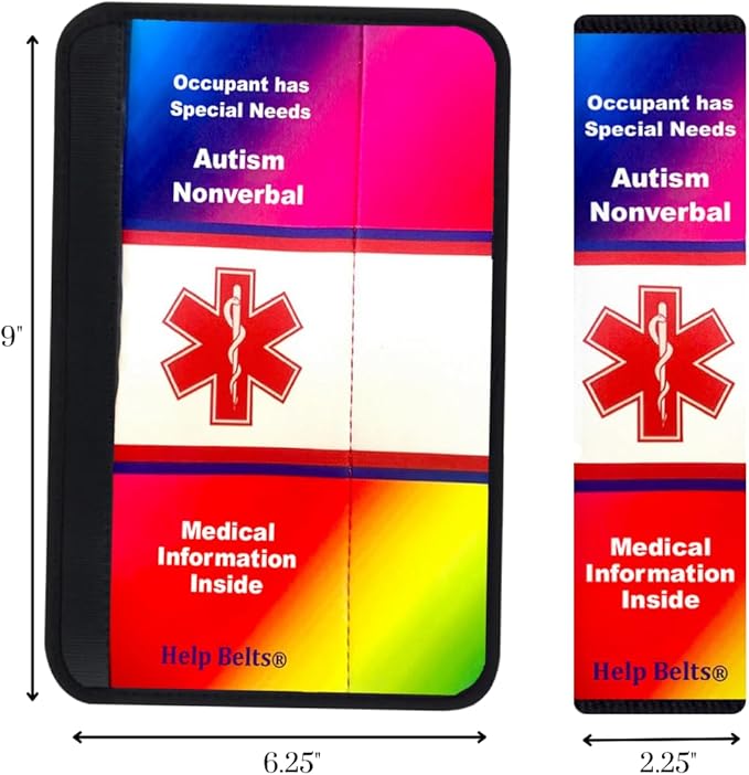 Autism Non-Verbal Awareness Medical Alert Seatbelt Cover for Kids and Adults (9”) with Emergency Information Form and Pocket by Help Belts. (Rainbow/White)