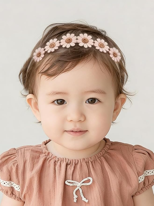 Baby Girls Flower Crown Headband Lace Handmade Floral Headbands Soft Elastic Band Daisy Hairband Newborn Infant Toddler Kids for Christening Baptism Birthday Party (Pink, Daisy)